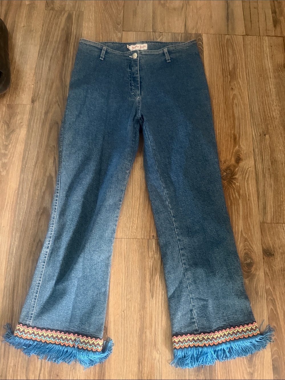 Blue Flare Jeans with Colorful Braided Hem - Women's